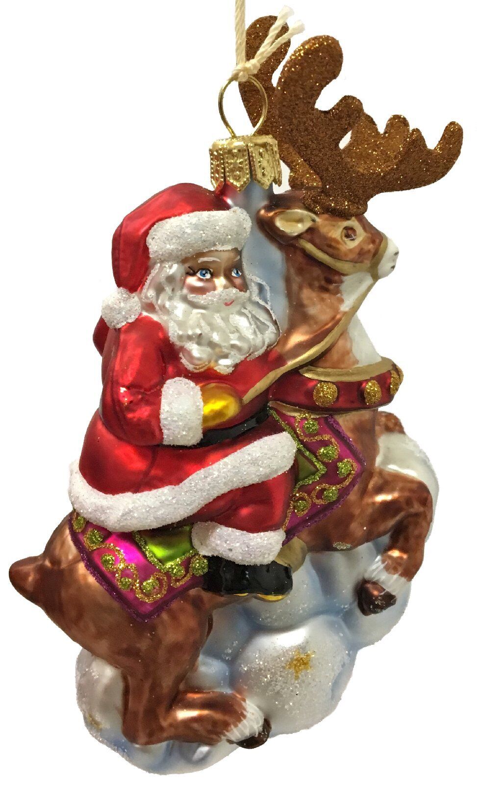 Santa Claus Riding on Reindeer Polish Glass Christmas Tree Ornament Made Poland