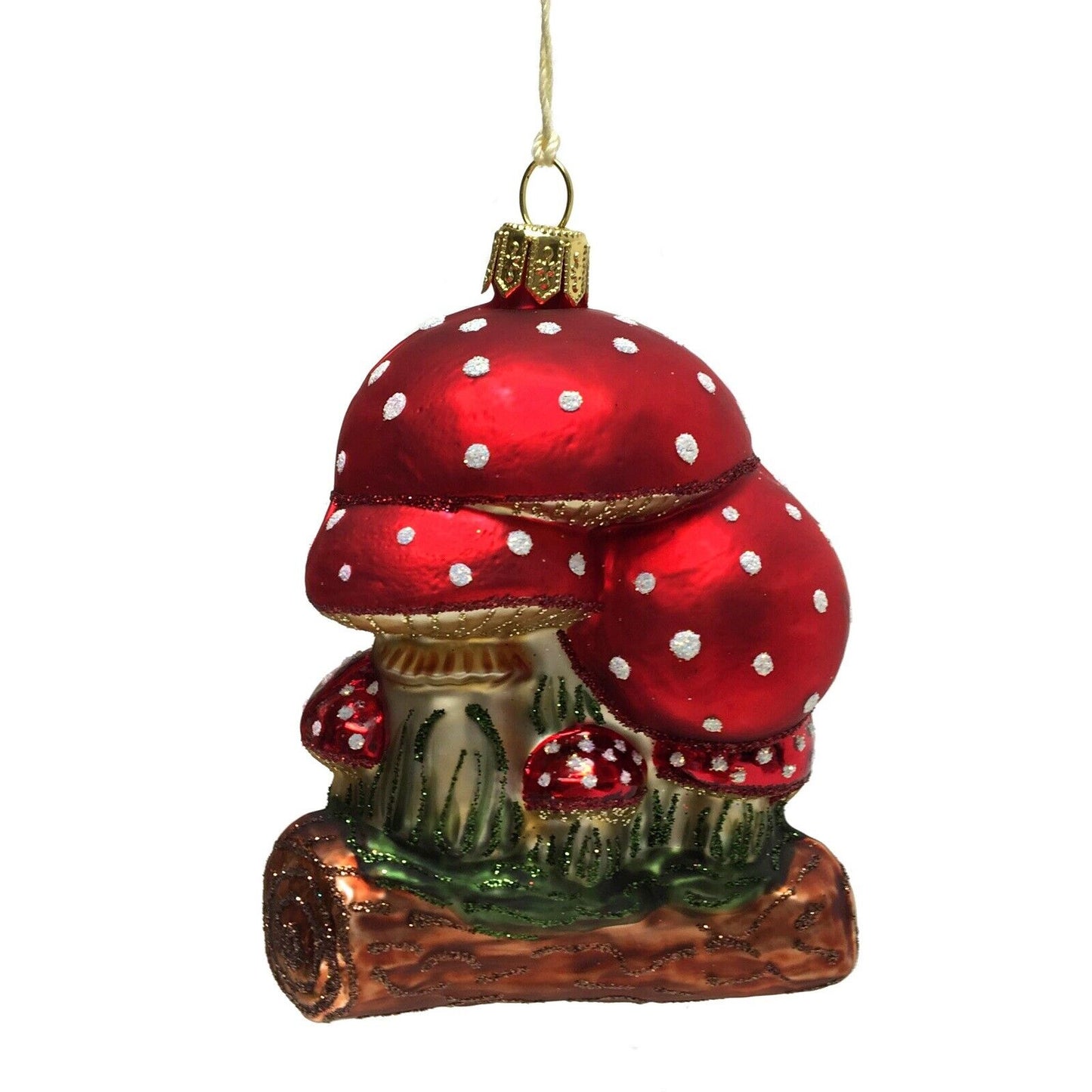 Pinnacle Peak Trading Red and White Toadstool Mushrooms on Log Polish Glass Christmas Tree Ornament