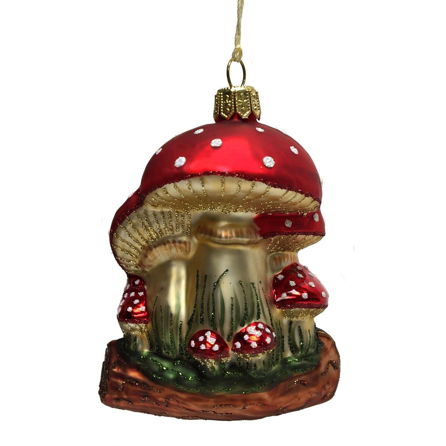 Pinnacle Peak Trading Red and White Toadstool Mushrooms on Log Polish Glass Christmas Tree Ornament