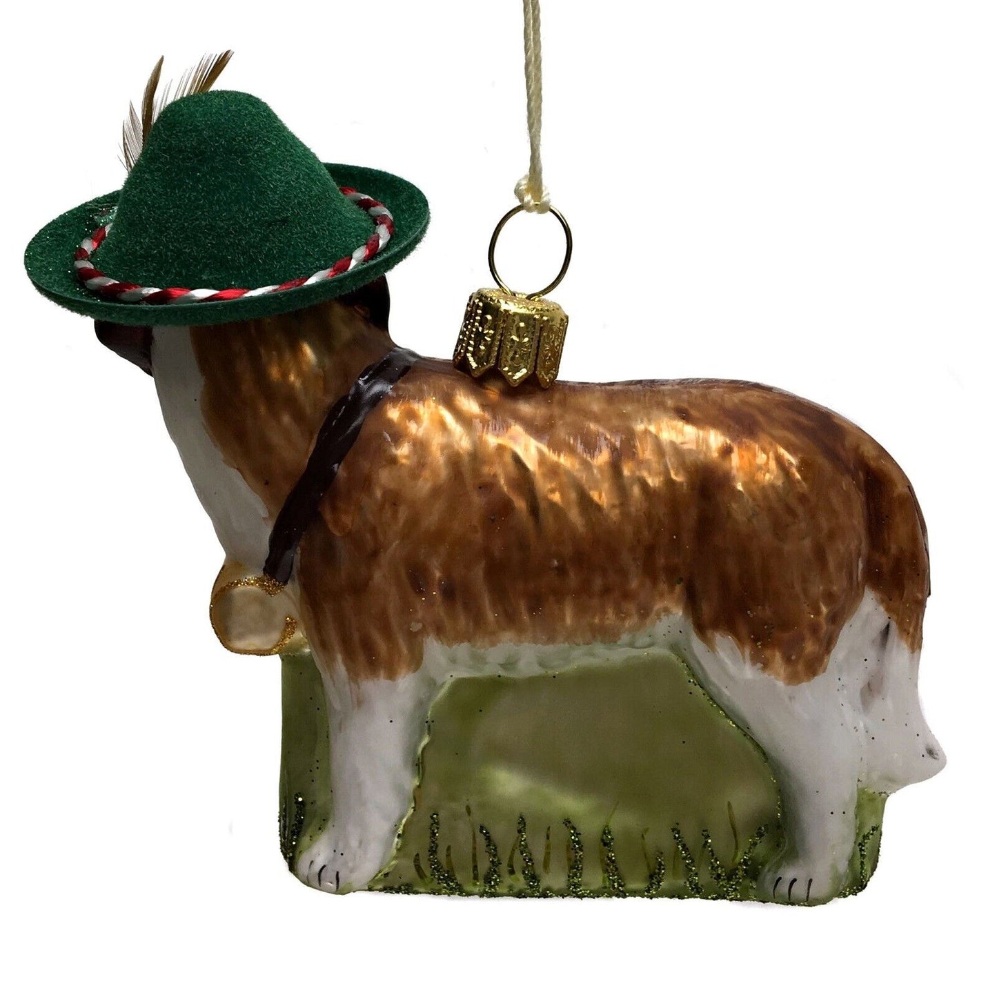 St Bernard Dog with Green Bavarian Feather Hat Polish Glass Christmas Ornament