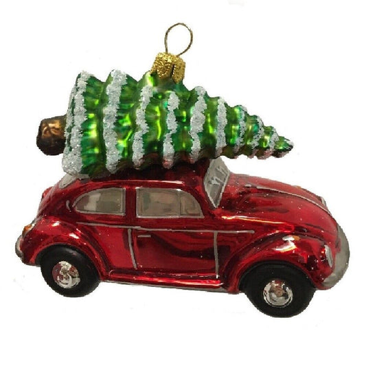 Red Volkswagen Beetle Car with Tree Polish Glass Christmas Ornament VW Bug