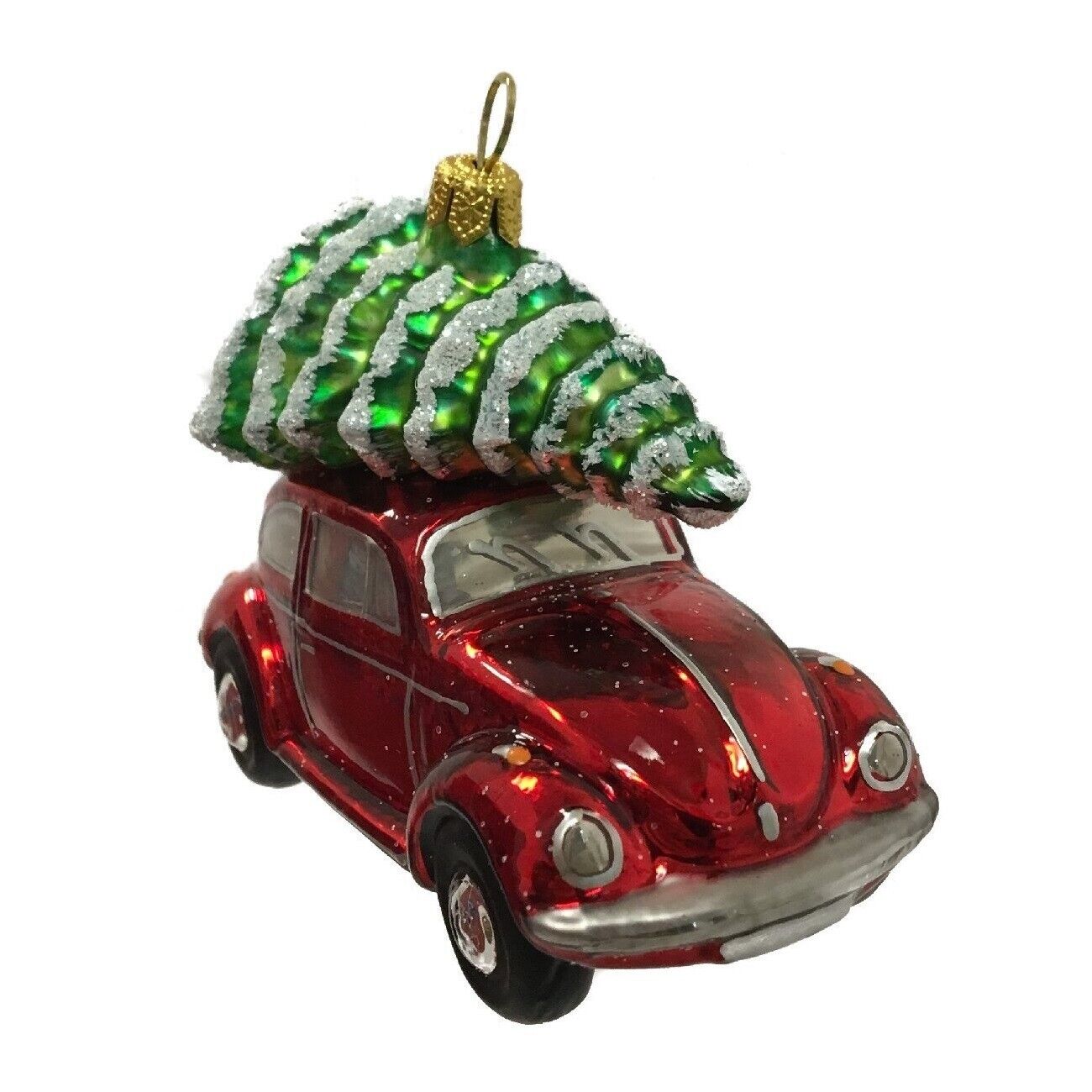 Red Volkswagen Beetle Car with Tree Polish Glass Christmas Ornament VW Bug