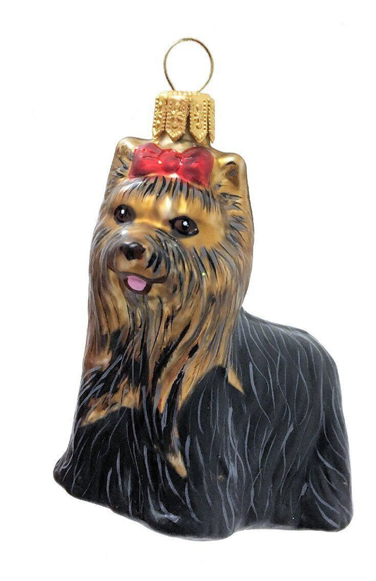 Yorkshire Terrier Yorkie with Bow Dog Polish Glass Christmas Tree Ornament Pet