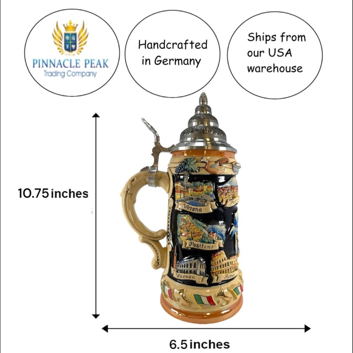 Pinnacle Peak Trading Italy Italia Panorama Relief LE German Stoneware Beer Stein .75 L Made Germany by King Werks