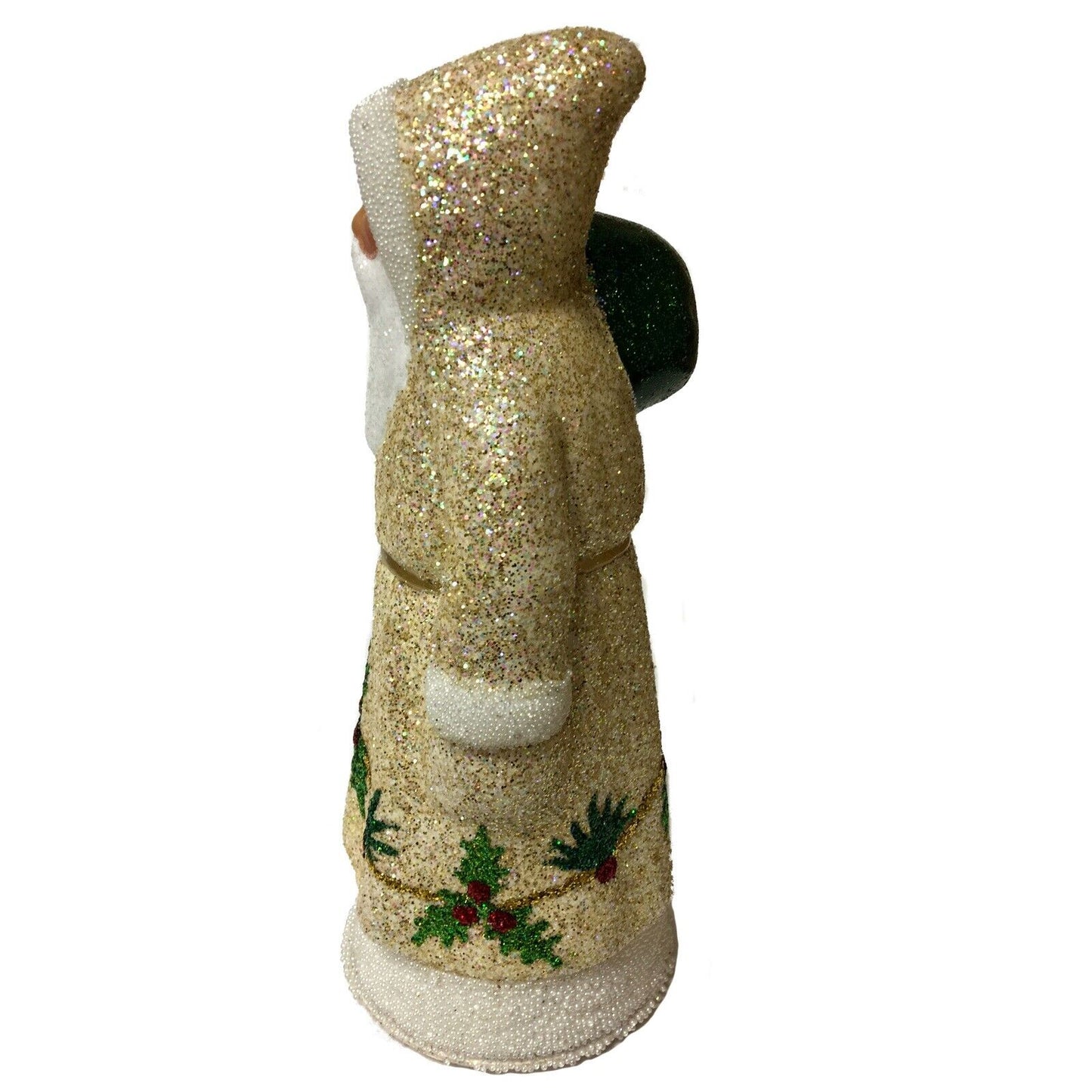 Ino Schaller White Gold Santa with Holly German Paper Mache Candy Container