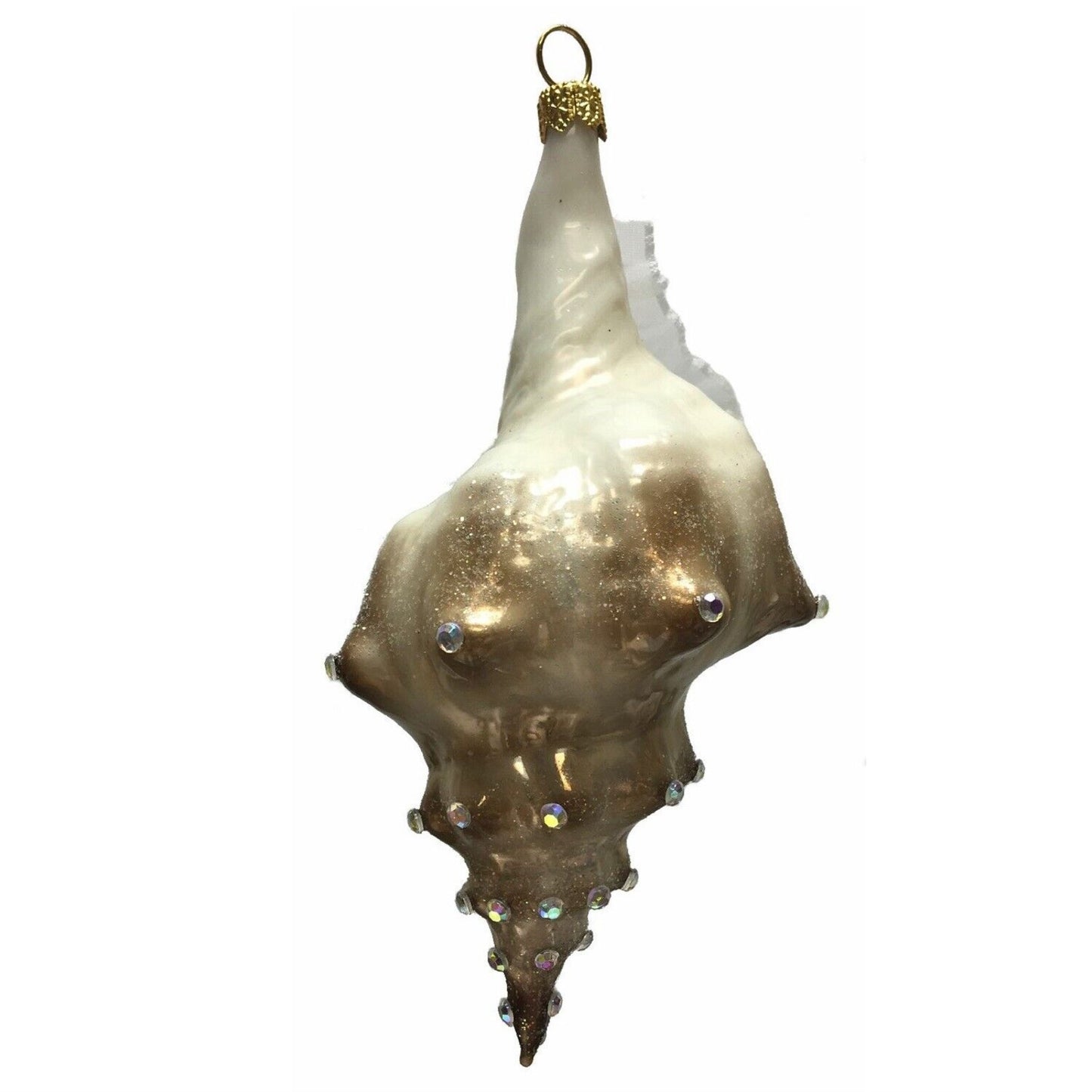 Pinnacle Peak Trading Brown and White Jeweled Seashell Polish Glass Christmas Ornament Shell Coastal