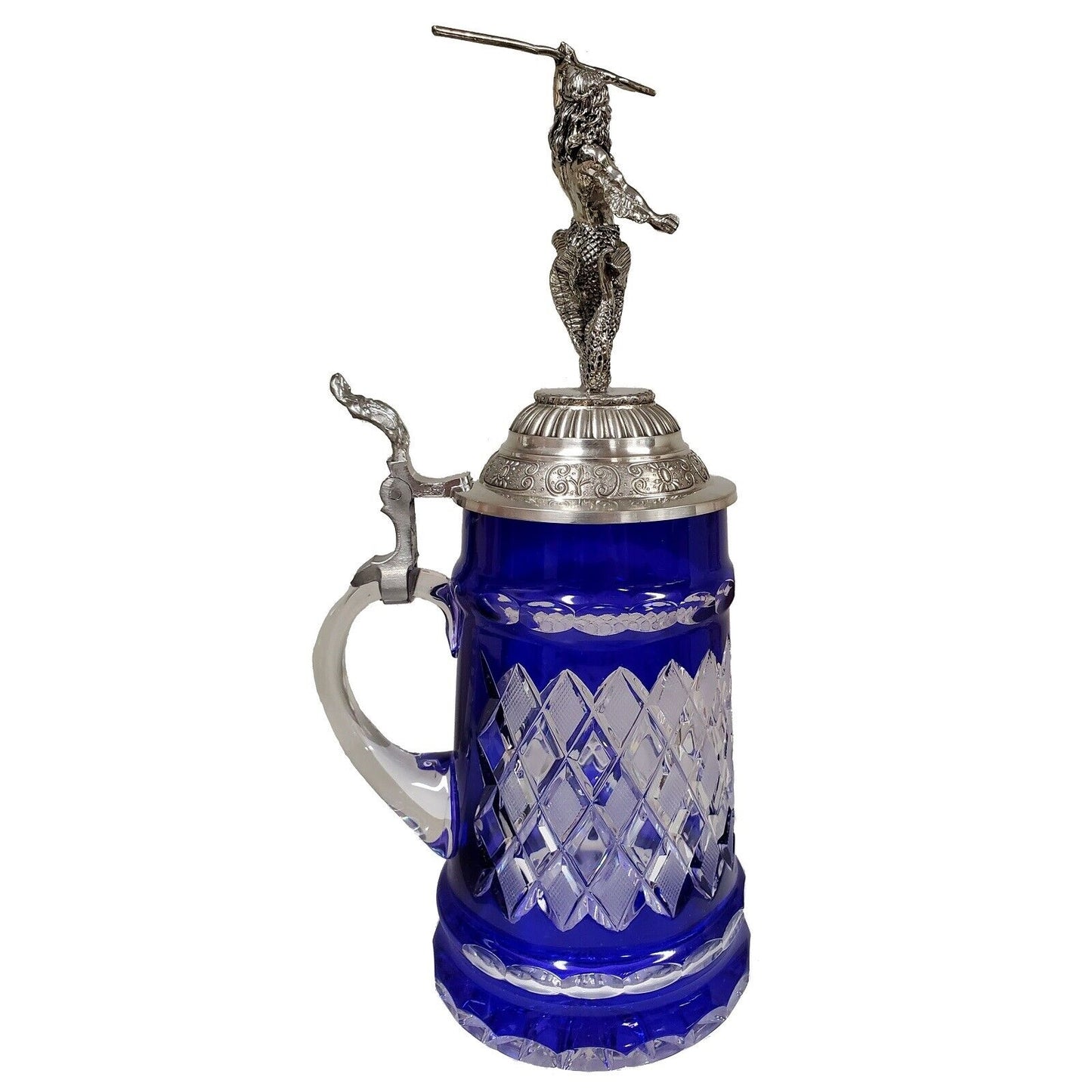 Pinnacle Peak Trading Blue Lord of Crystal Beer Stein with Poseidon Pewter Lid .5 L by King Werk