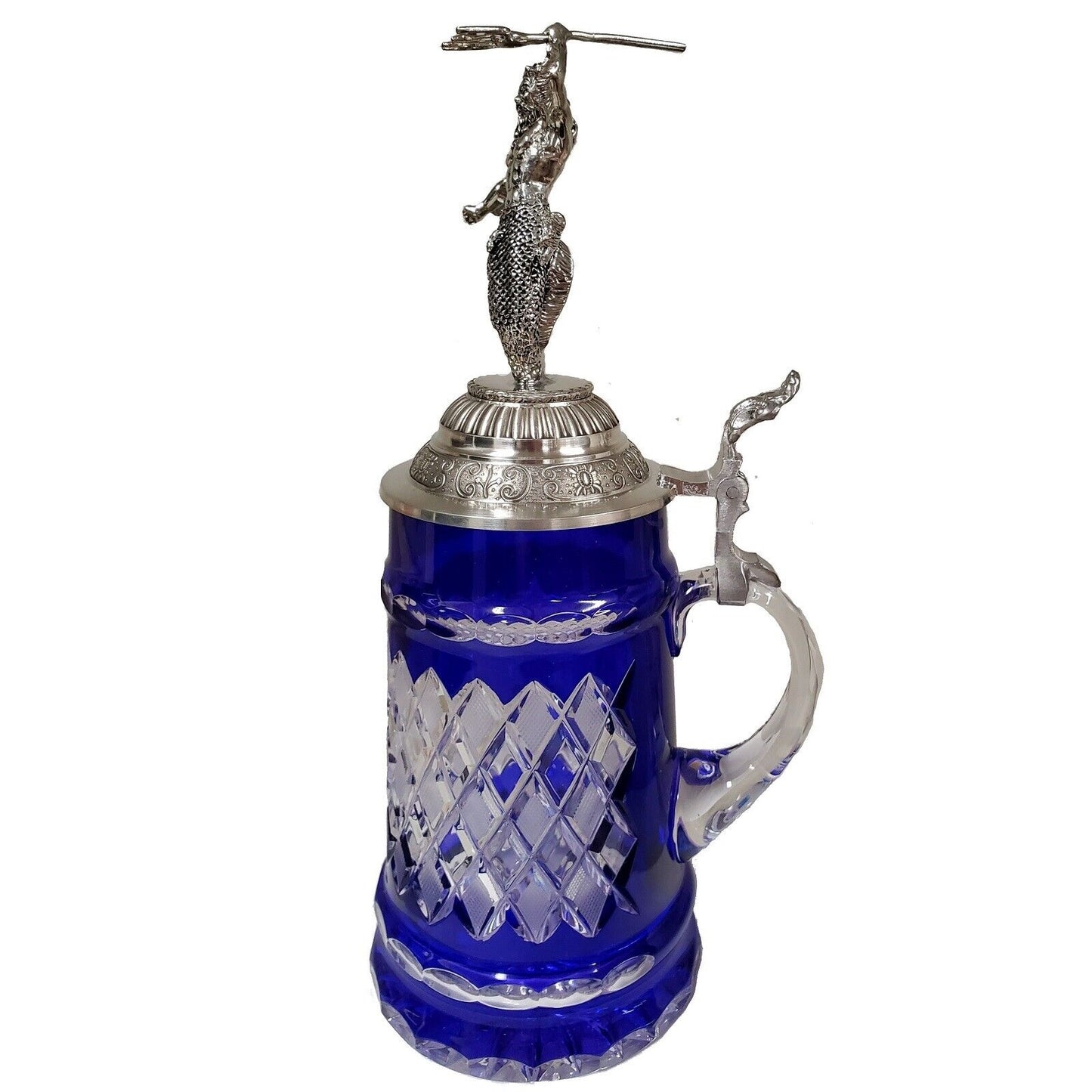 Pinnacle Peak Trading Blue Lord of Crystal Beer Stein with Poseidon Pewter Lid .5 L by King Werk