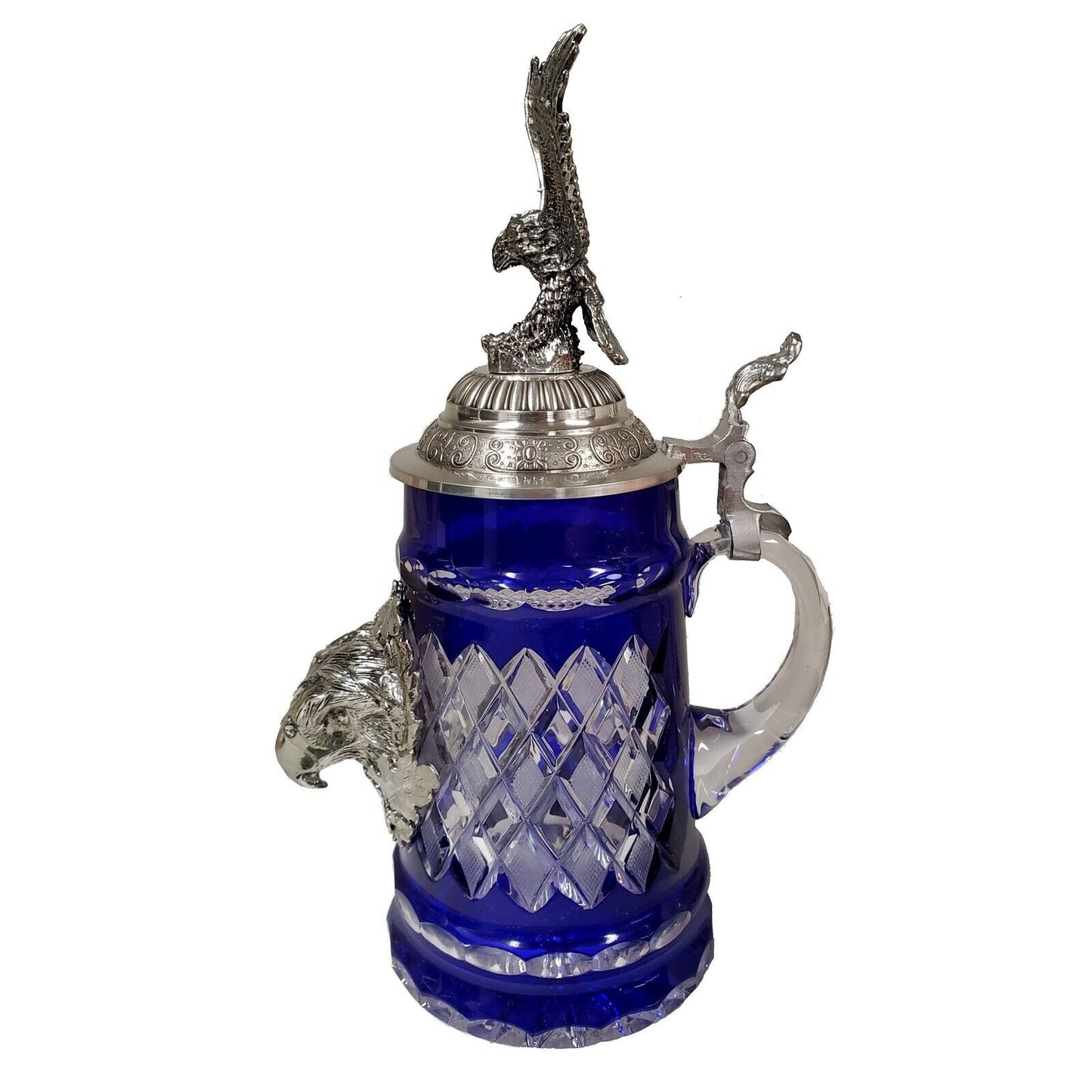 Pinnacle Peak Trading Blue Lord of Crystal Beer Stein with Flying Eagle Pewter Lid .5 L by King Werk