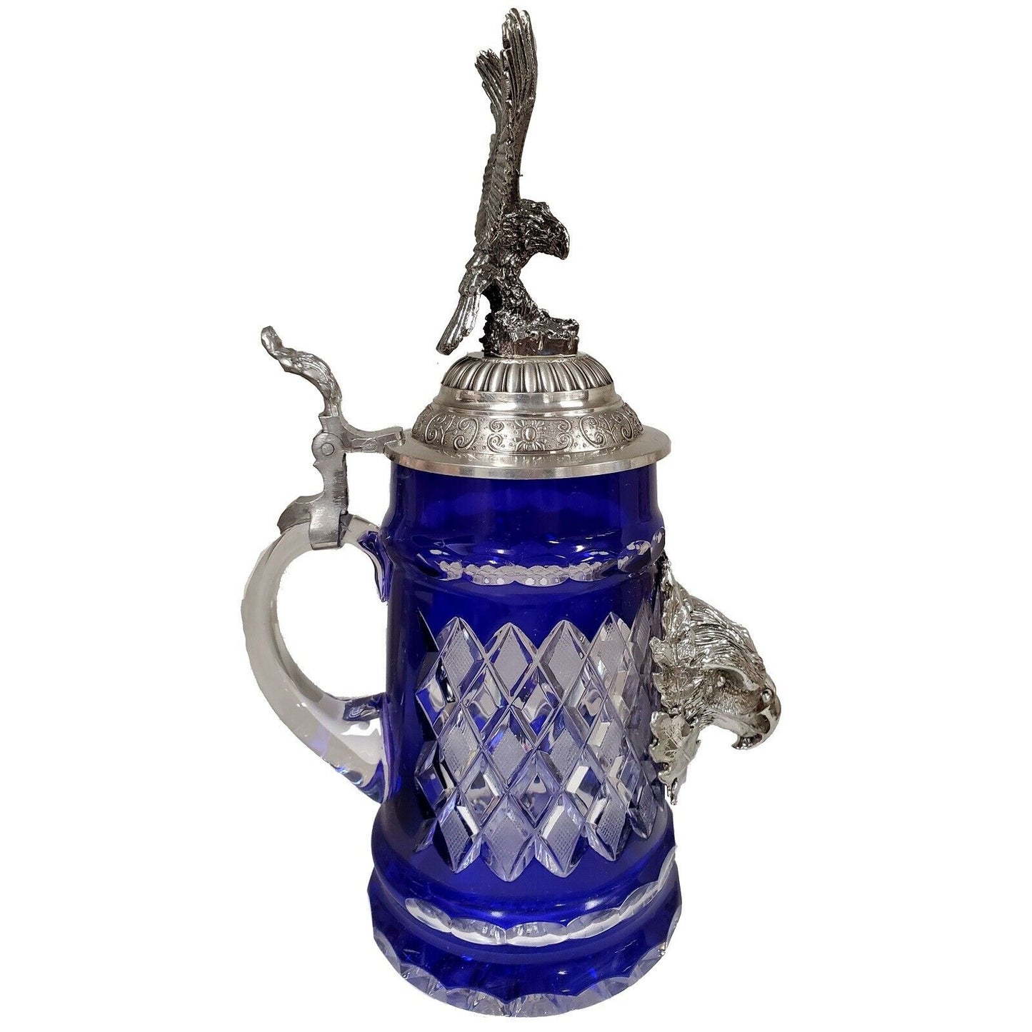 Pinnacle Peak Trading Blue Lord of Crystal Beer Stein with Flying Eagle Pewter Lid .5 L by King Werk