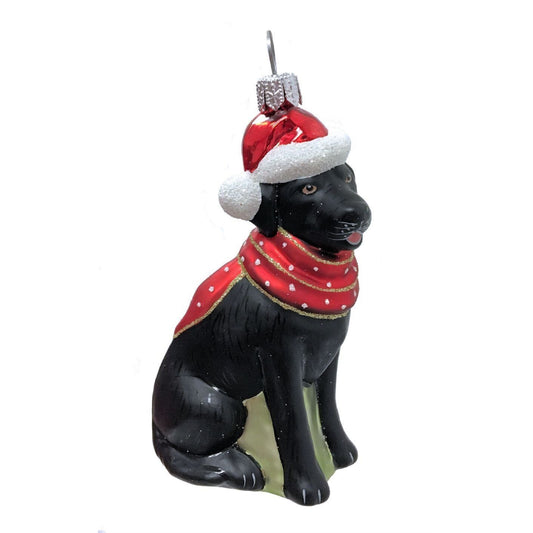 Black Labrador Retriever with Hat and Scarf Dog Polish Glass Christmas Ornament