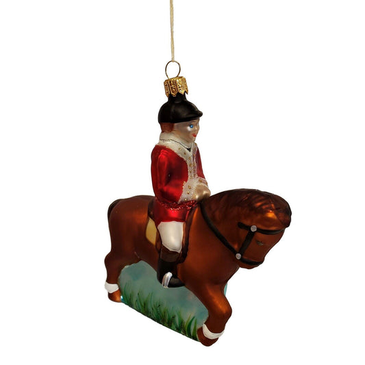 Equestrian Horse Rider in Red Polish Glass Christmas Tree Ornament Jockey