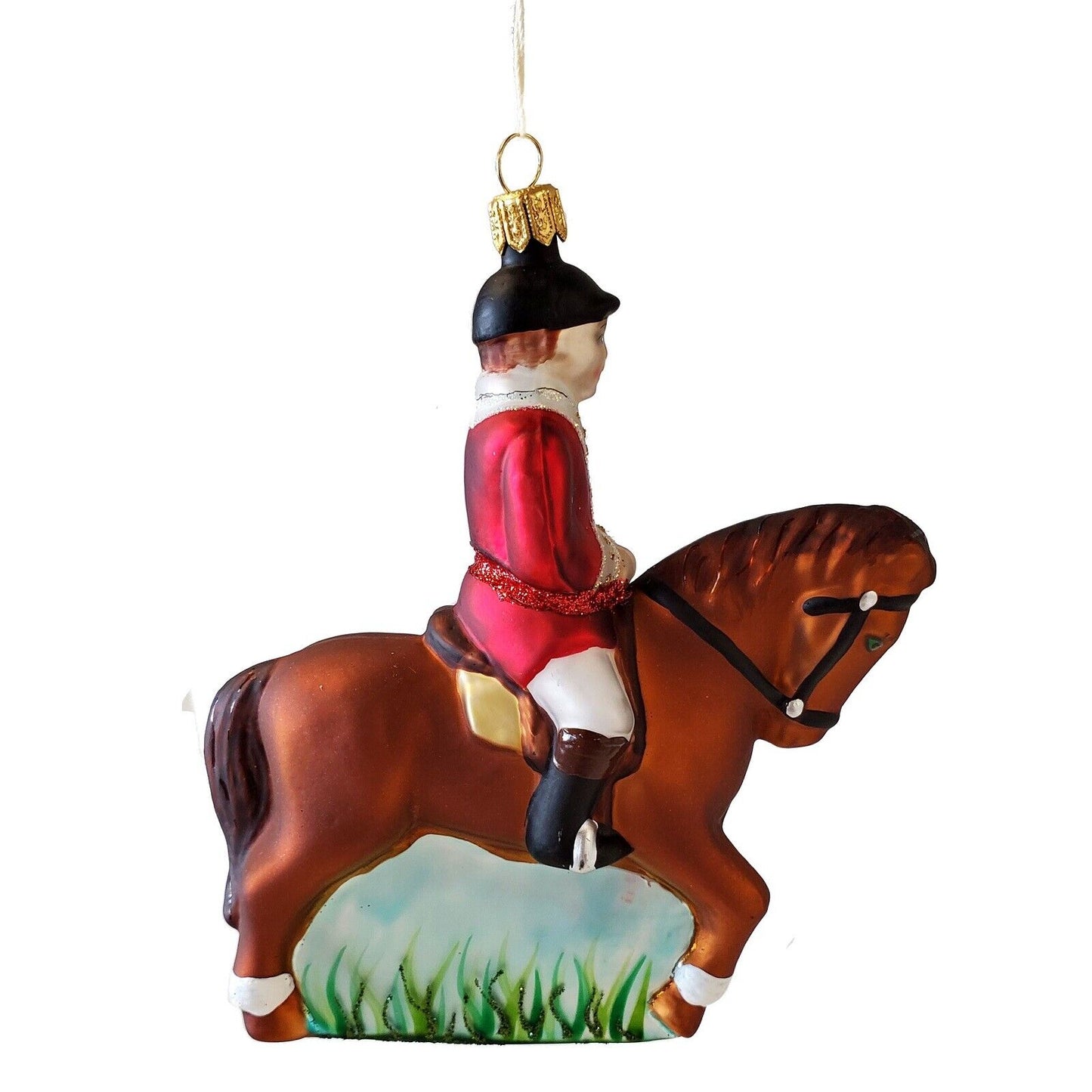 Equestrian Horse Rider in Red Polish Glass Christmas Tree Ornament Jockey