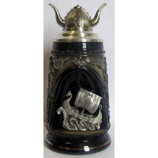 Pinnacle Peak Trading Viking Ship in Grotto with Pewter Viking Helmet Lid LE German Beer Stein .5 L by King Werk