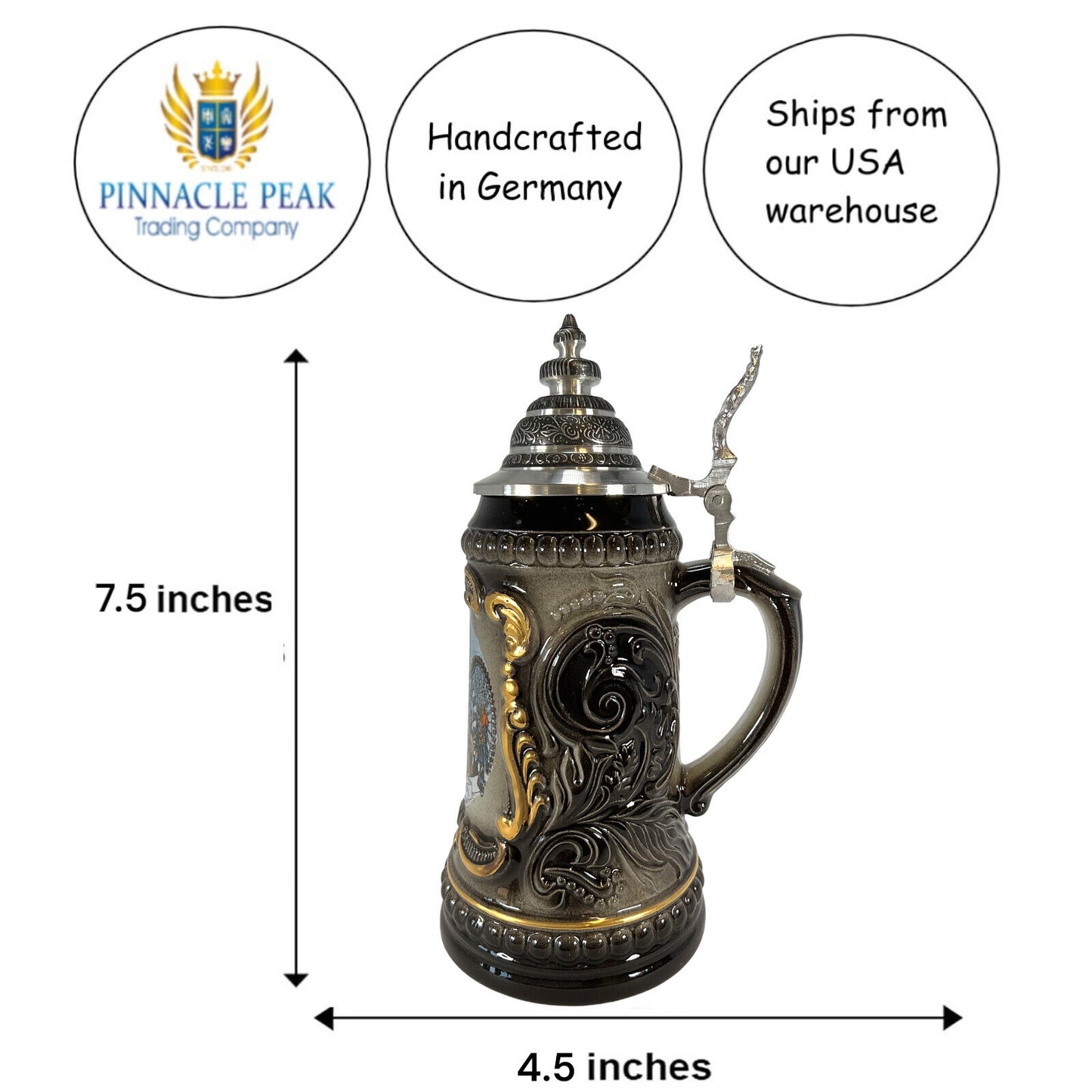 Pinnacle Peak Trading Black Oktoberfest German Beer Stein with Pewter Lid Made in Germany .125 liter