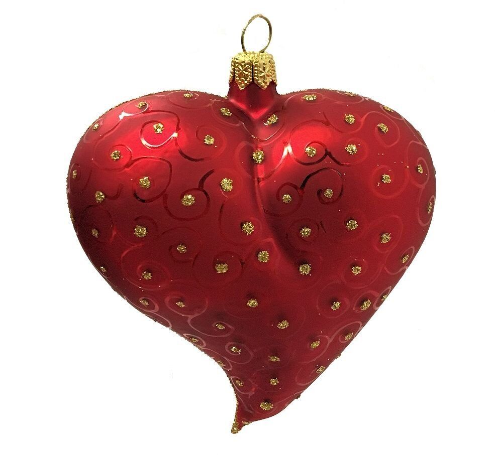 Red and Gold Heart with Swirls Polish Glass Christmas Tree Ornament Made Poland