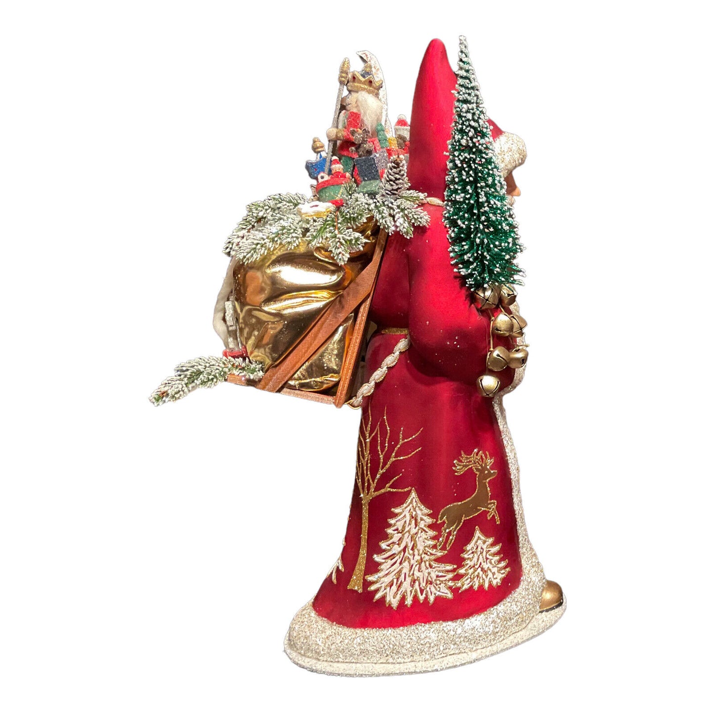 Pinnacle Peak Trading Company Ino Schaller Red Santa Reindeer Scene Bag of Toys German Paper Mache 19.5 Inch