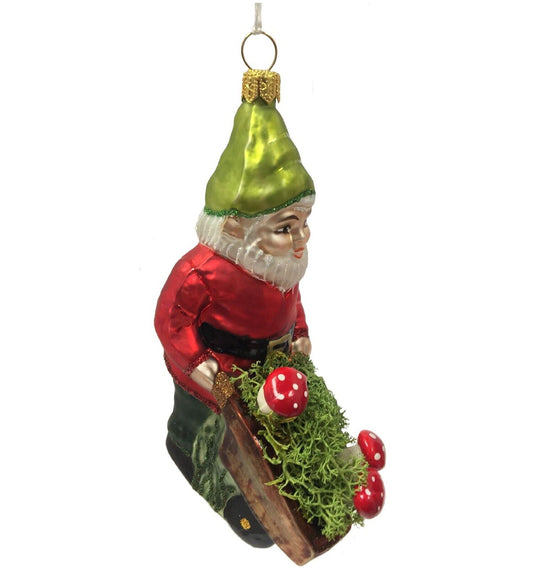 Gnome with Wheelbarrow of Red Mushrooms Polish Glass Christmas Tree Ornament