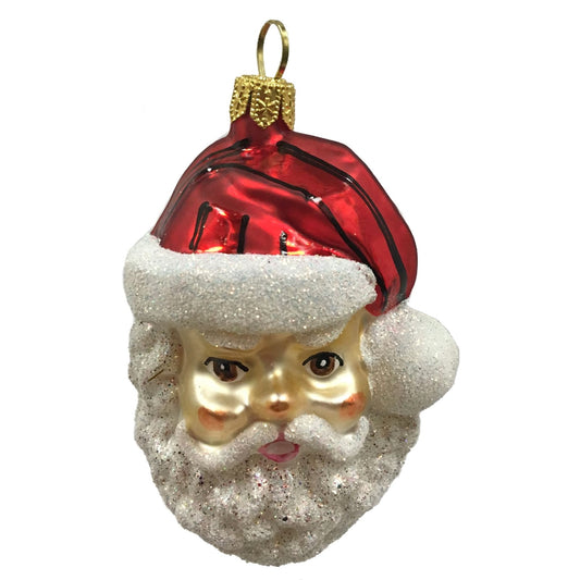 Pinnacle Peak Trading Santa Claus Face with Glitter Beard Polish Glass Christmas Tree Ornament