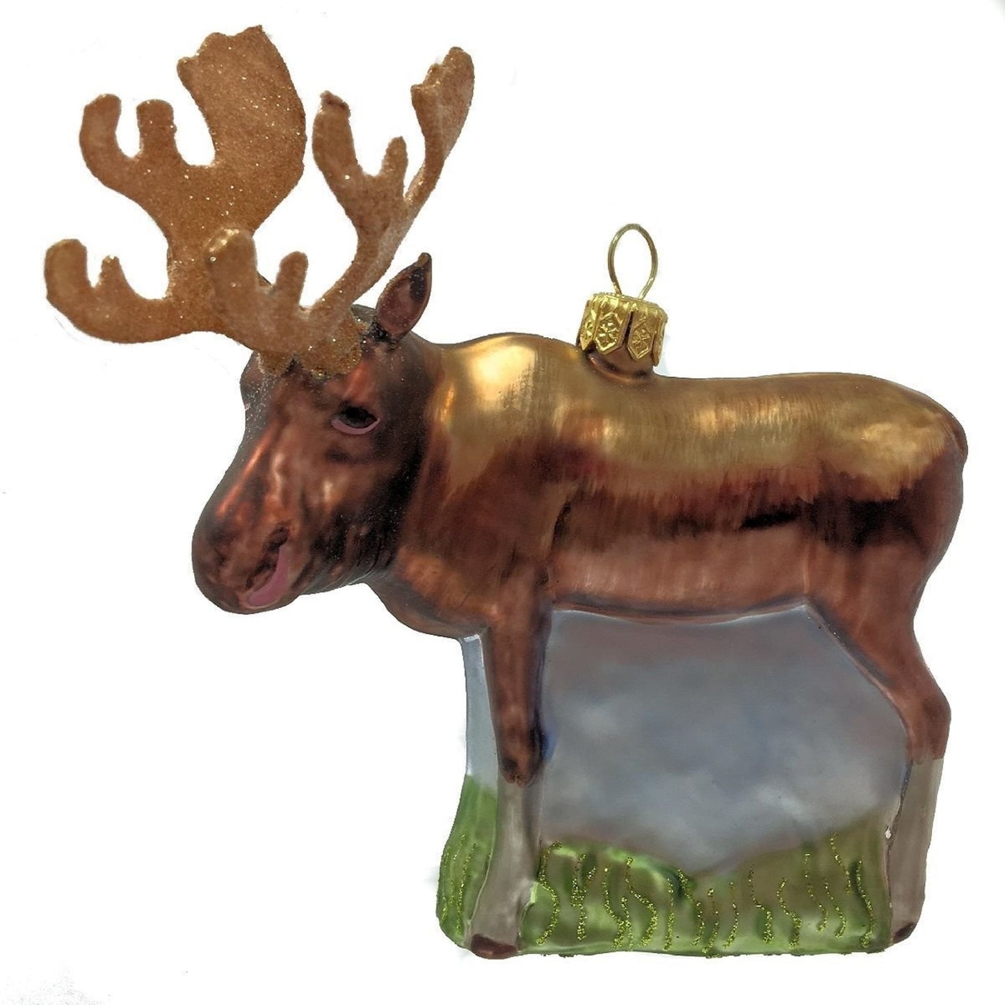 Male Bull Moose with Antlers Polish Glass Christmas Ornament Animal Decoration