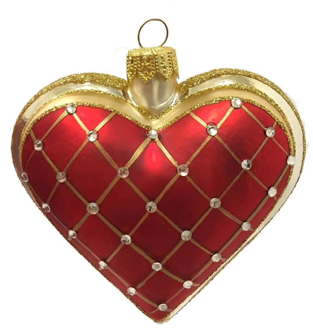 Red Heart with Gold Stripes Polish Glass Christmas Tree Ornament Made in Poland