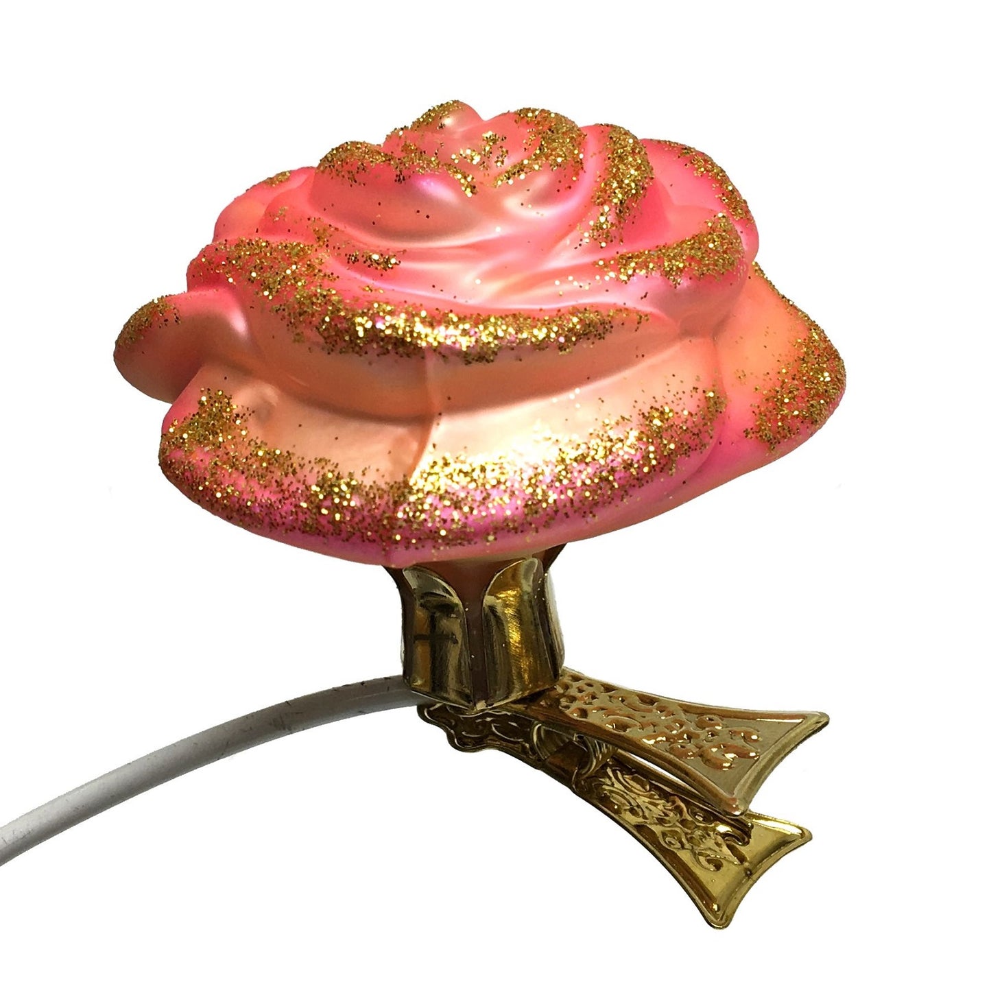 Pink and Gold Rose Clip on Flower Polish Glass Christmas Tree Ornament Floral