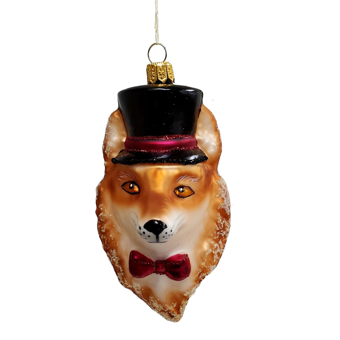 Red Fox Head Wearing Bow Tie and Top Hat Polish Glass Christmas Tree Ornament