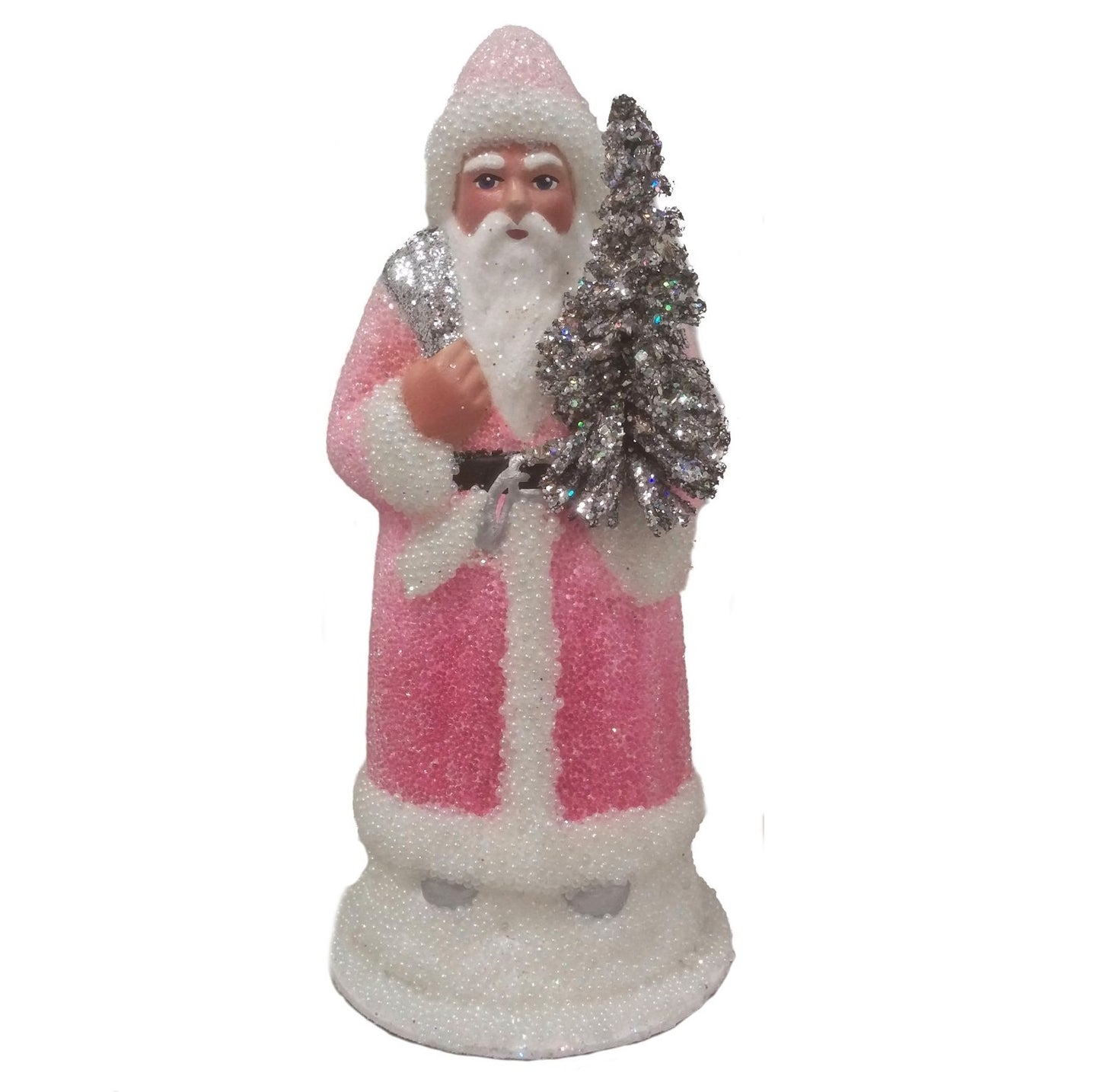 Pinnacle Peak Trading Company Ino Schaller Rose Pink Beaded Santa with Silver Tree German Paper Mache