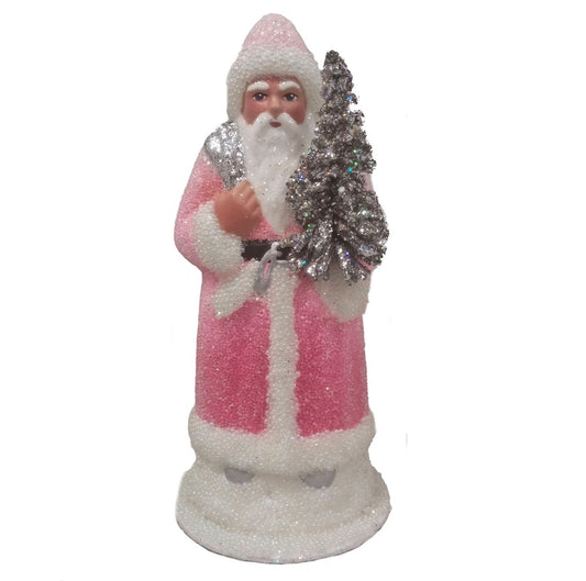 Pinnacle Peak Trading Company Ino Schaller Rose Pink Beaded Santa with Silver Tree German Paper Mache