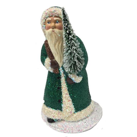 Ino Schaller Green Glitter Walking Santa German Paper Mache Candy Container