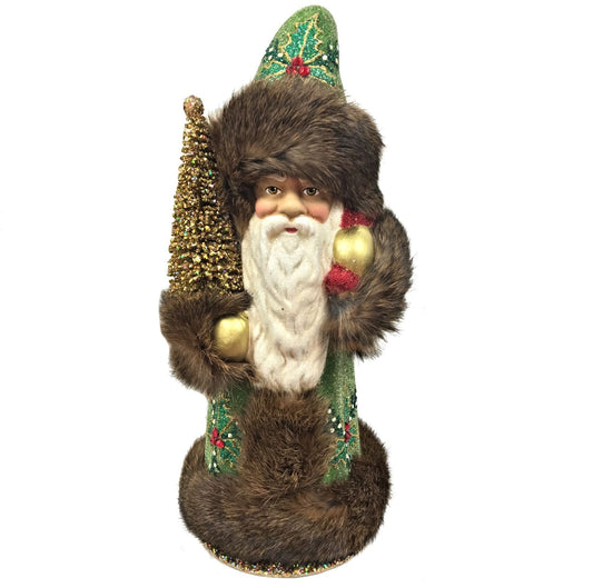 Pinnacle Peak Trading Company Ino Schaller Green Holly Santa with Brown Fur German Paper Mache Candy Container