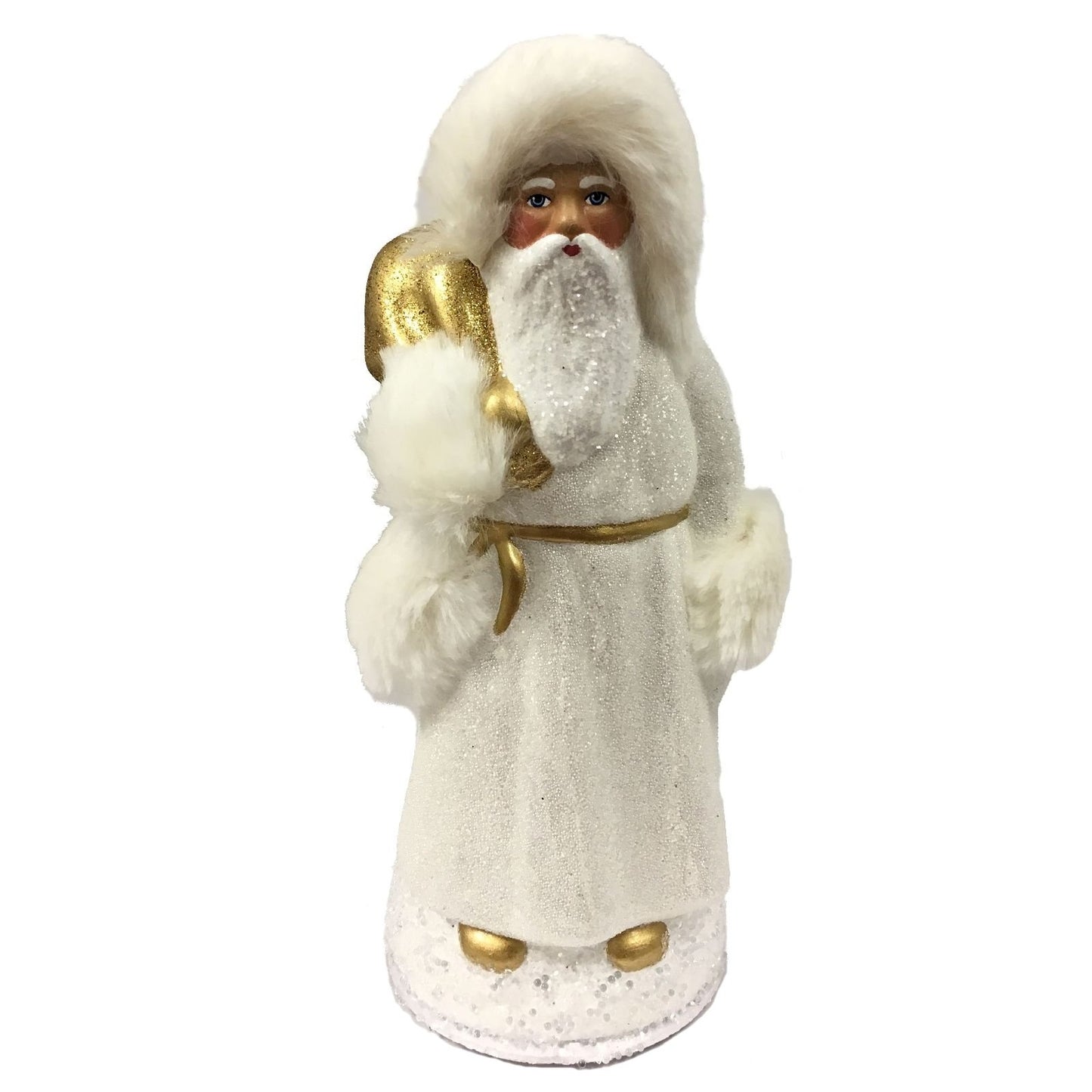 Ino Schaller White Beaded Santa with Furcap German Paper Mache Candy Container