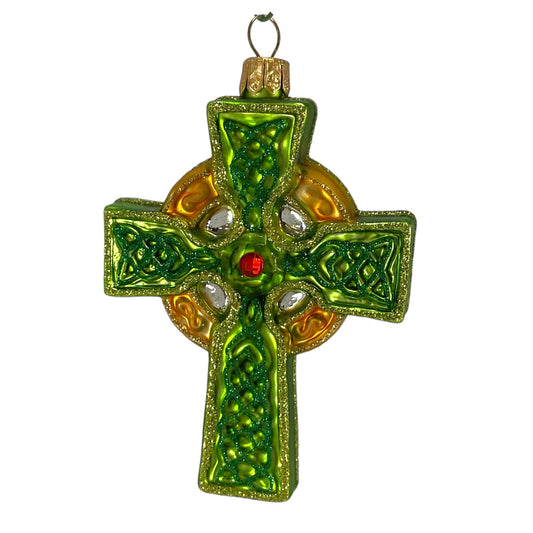 Pinnacle Peak Trading Green and Gold Celtic Cross Polish Glass Christmas Ornament Irish Decoration