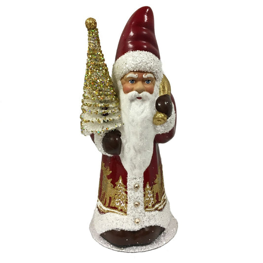 Ino Schaller Red Santa with Golden Forest German Paper Mache Candy Container