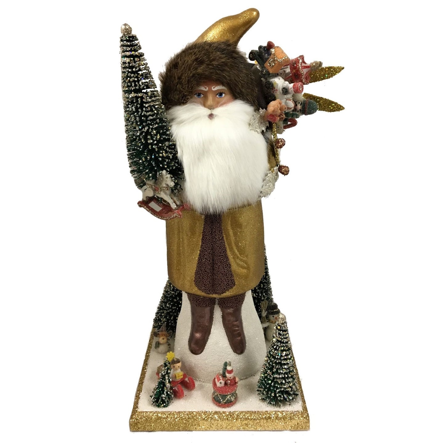 Ino Schaller Large Gold Santa with Backpack of Toys on Base German Paper Mache