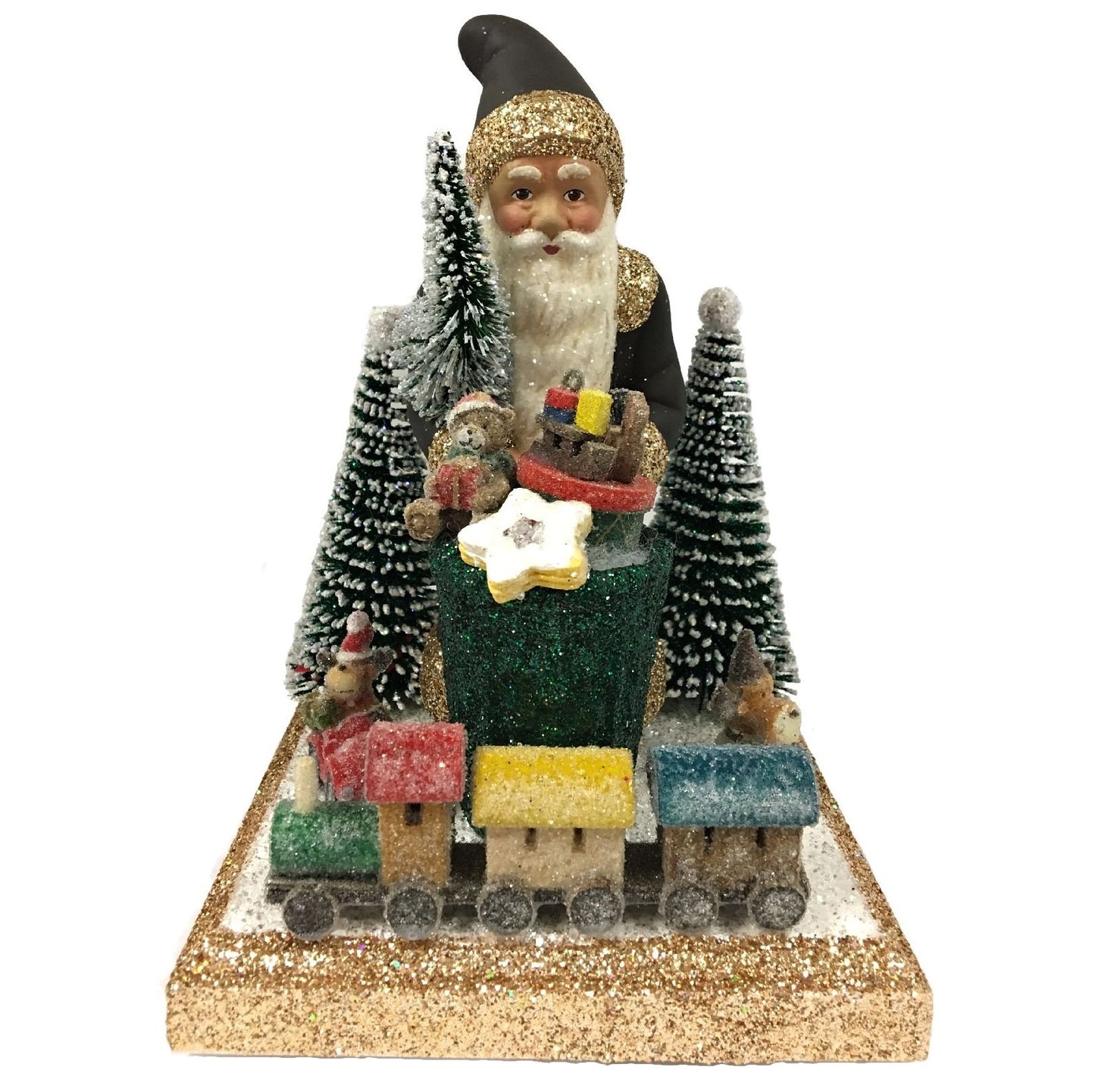 Ino Schaller Dark Brown Santa Toy Train and Trees on Base German Paper Mache