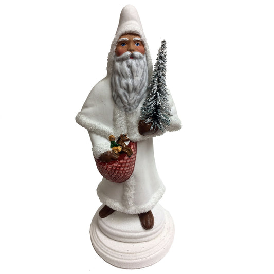 Ino Schaller Santa in White Coat with Basket German Paper Mache Candy Container