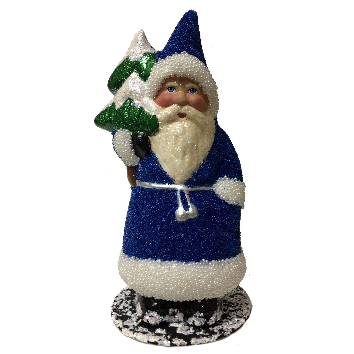 Ino Schaller Blue Beaded Santa with Tree German Paper Mache Candy Container