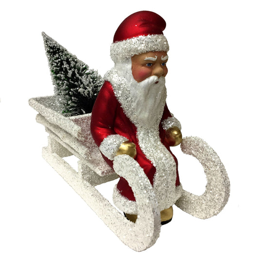 Pinnacle Peak Trading Company Ino Schaller Red Santa in Glittered Sleigh and Tree German Christmas Paper Mache