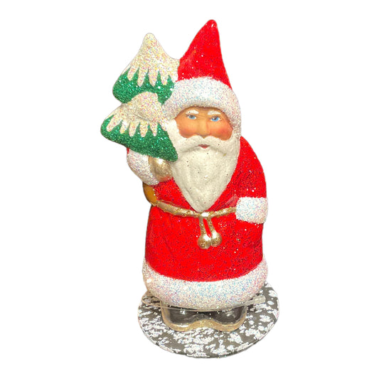 Ino Schaller Red Sponged Glitter Santa with Tree German Christmas Paper Mache