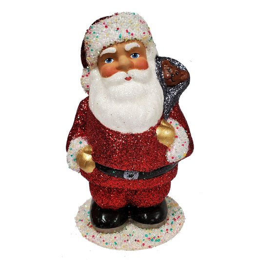 Ino Schaller Red Santa with Confetti Trim and Silver Bag German Paper Mache