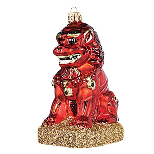 Red Chinese Guardian Lion Polish Mouth Blown Glass Christmas Ornament Decoration