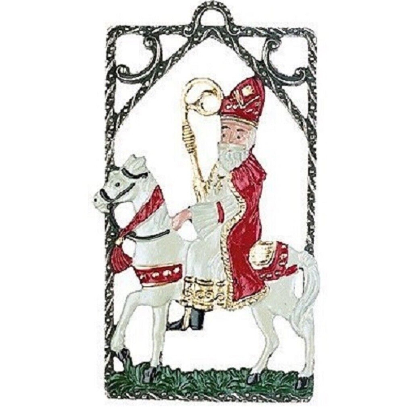 St Nicholas on Horse German Pewter Christmas Ornament Decoration Made in Germany