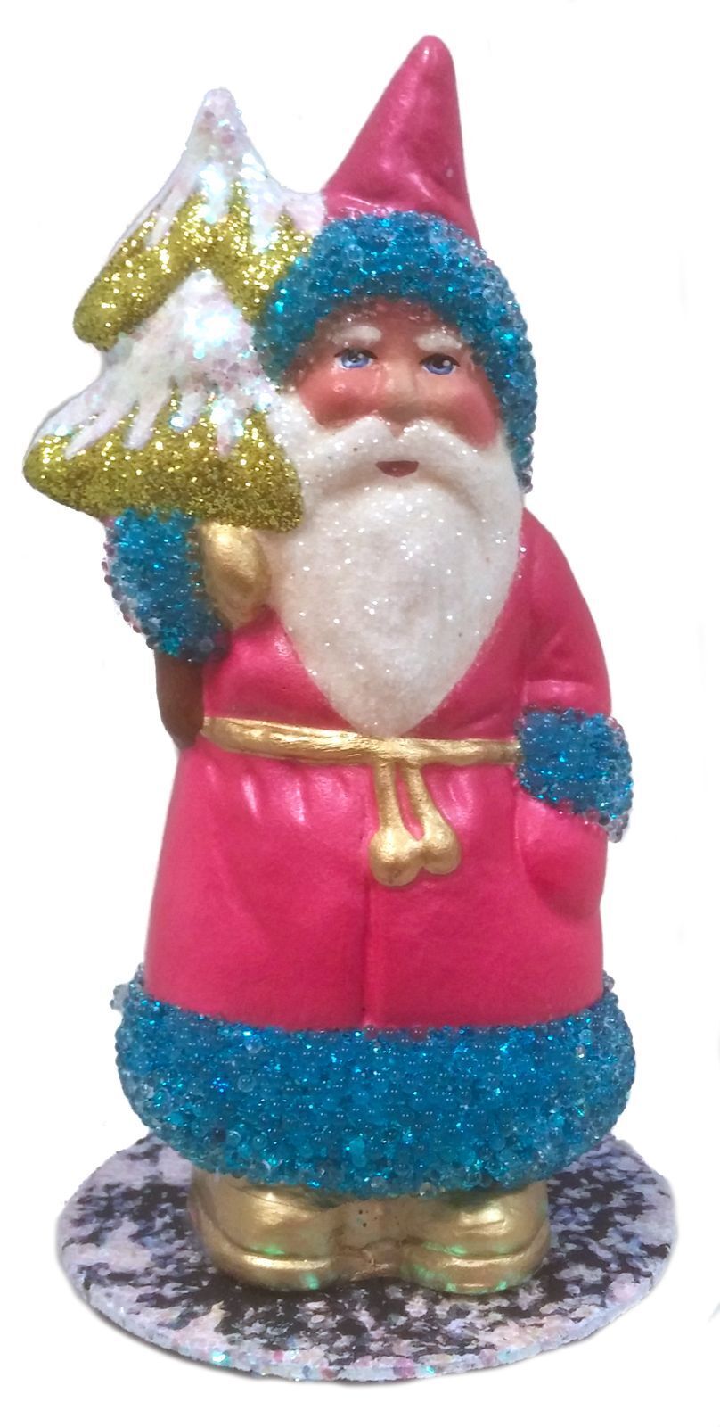 Ino Schaller Pink and Blue Santa Holding Tree German Paper Mache Candy Container