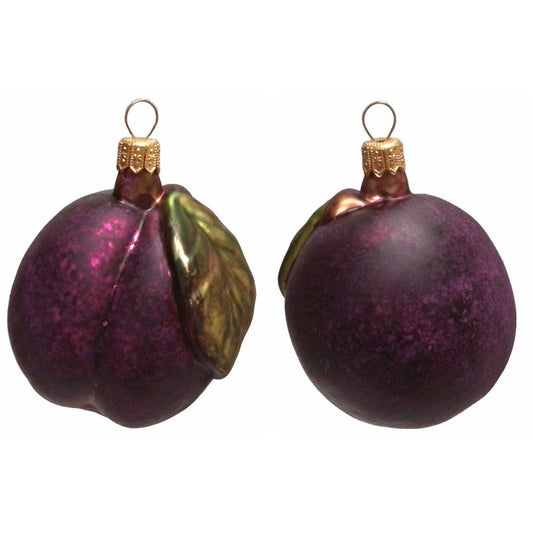 Pinnacle Peak Trading Large Plum with Leaf Polish Blown Glass Christmas Ornament Set of 2 Decorations