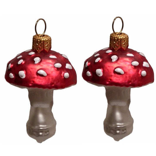 Pinnacle Peak Trading Red Toadstool Mushrooms Polish Glass Christmas Ornament Set of 2 Decorations