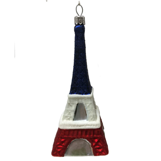 French Flag Colored Eiffel Tower Polish Glass Christmas Ornament Paris France