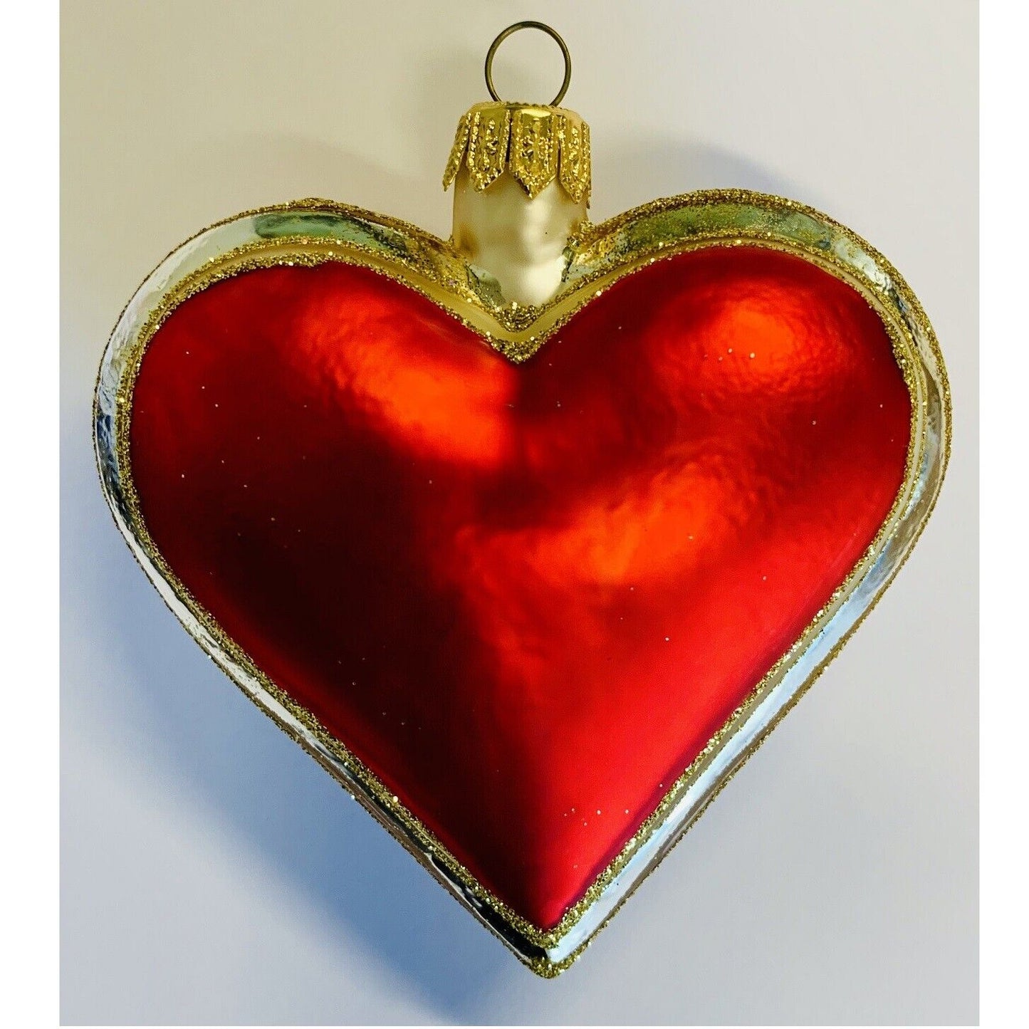 Red Heart with Gold Stripes Polish Glass Christmas Tree Ornament Made in Poland