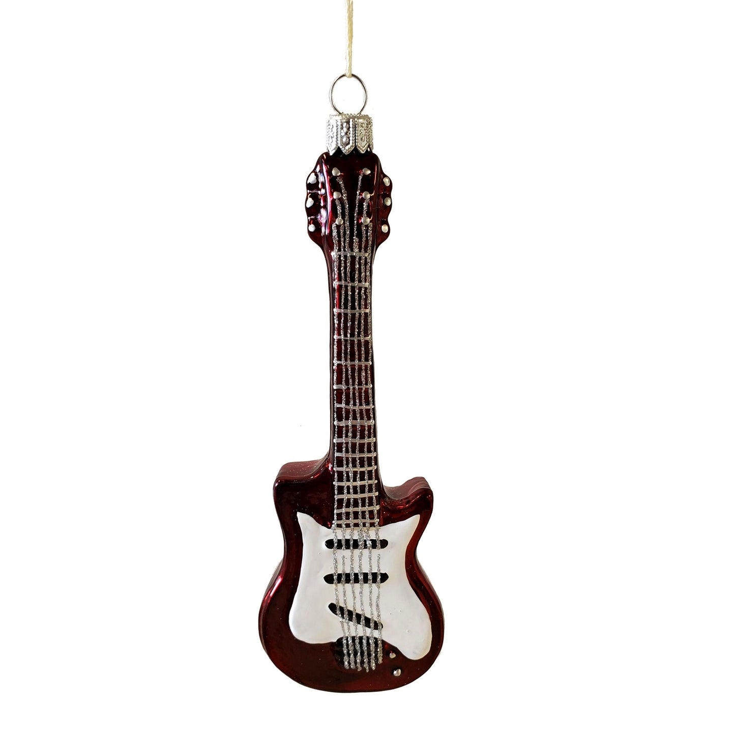 Red and White Electric Guitar Polish Glass Christmas Ornament Musical Instrument