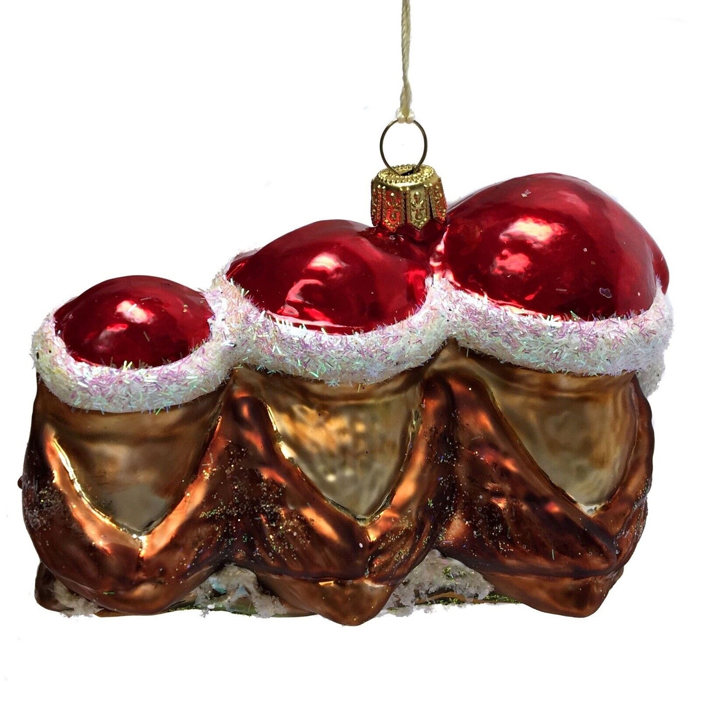 Three Owls Wearing Santa Hats on Branch Polish Glass Christmas Ornament Birds